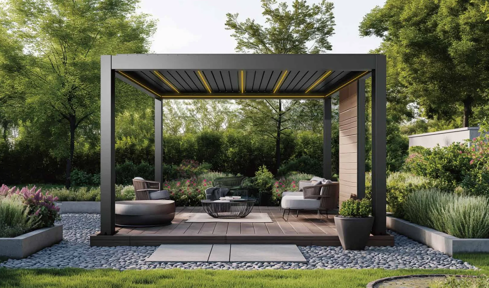 Prémium GR-9700A Plus pergola elegáns kerti környezetben
